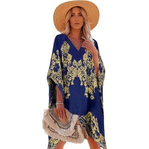 Women  Navy Yellow 100% Viscose Kaftan for Bathing Swimsuit Floral Pattern Dress